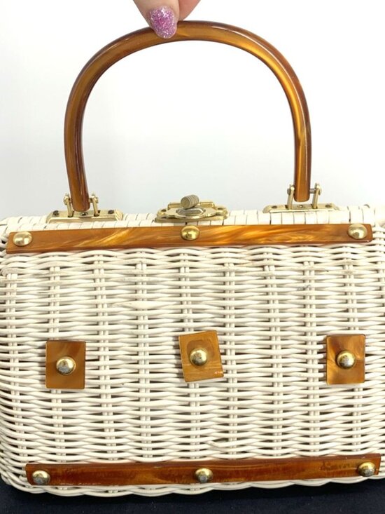 Unbranded Handbags - Vintage Purse Nylon Wicker Woven Lucite Handbag British Hong Kong 9" Wide